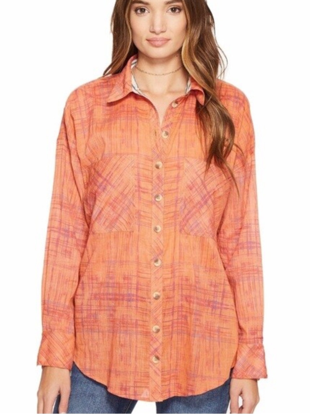 Free People Womens Orange Plaid Button Down Cotton Gauze Shirt Size Large L 1245
